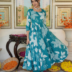Anakali Suit Set Turquoise Color Printed with Dupatta