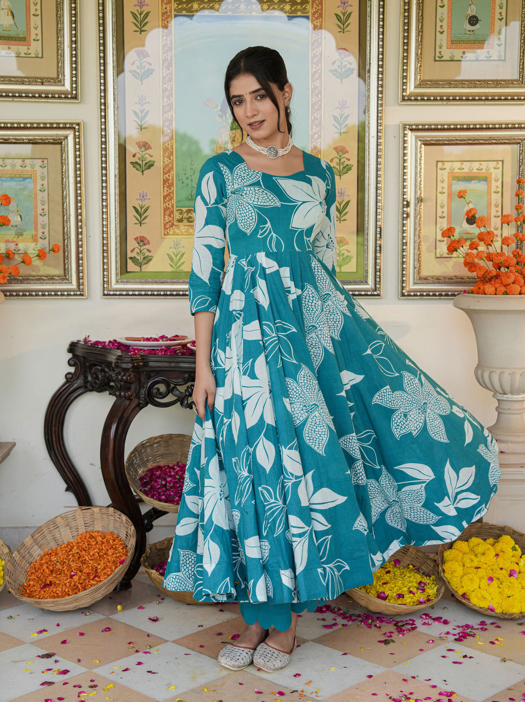 Anakali Suit Set Turquoise Color Printed with Dupatta - Indianvirasat