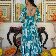 Anakali Suit Set Turquoise Color Printed with Dupatta