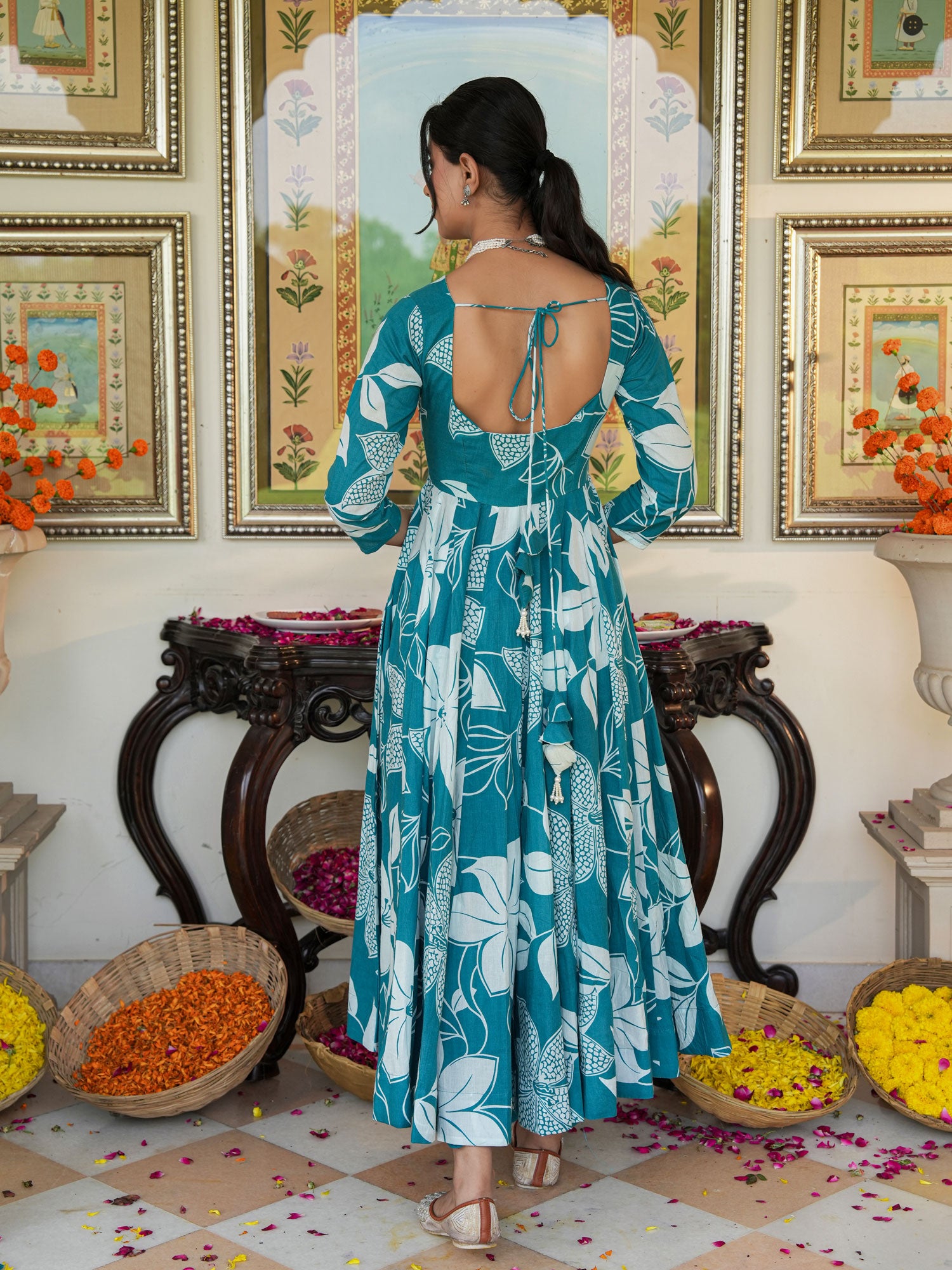 Anakali Suit Set Turquoise Color Printed with Dupatta - Indianvirasat