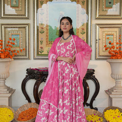 Fresh Pink Floral Printed Anakali Suit Set with Dupatta