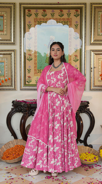 Fresh Pink Floral Printed Anakali Suit Set with Dupatta