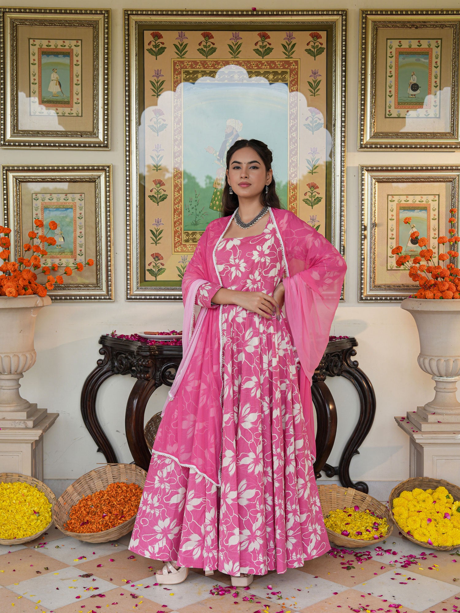 Fresh Pink Floral Printed Anakali Suit Set with Dupatta - Indianvirasat