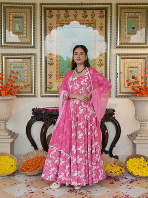 Fresh Pink Floral Printed Anakali Suit Set with Dupatta