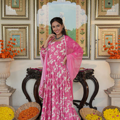 Fresh Pink Floral Printed Anakali Suit Set with Dupatta