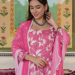 Fresh Pink Floral Printed Anakali Suit Set with Dupatta
