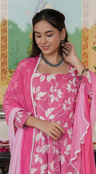Fresh Pink Floral Printed Anakali Suit Set with Dupatta
