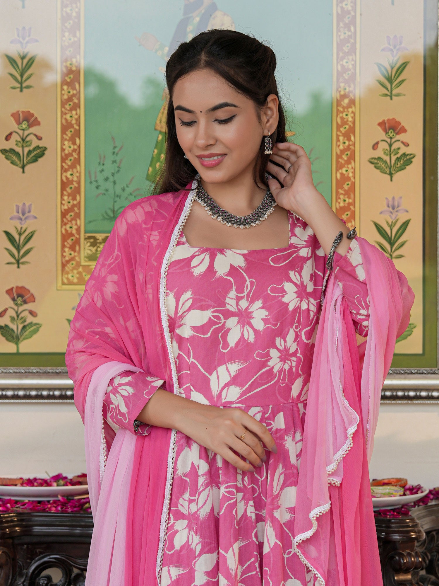 Fresh Pink Floral Printed Anakali Suit Set with Dupatta - Indianvirasat