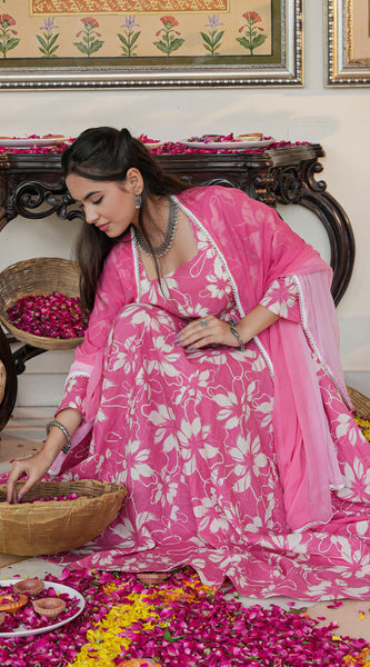 Fresh Pink Floral Printed Anakali Suit Set with Dupatta