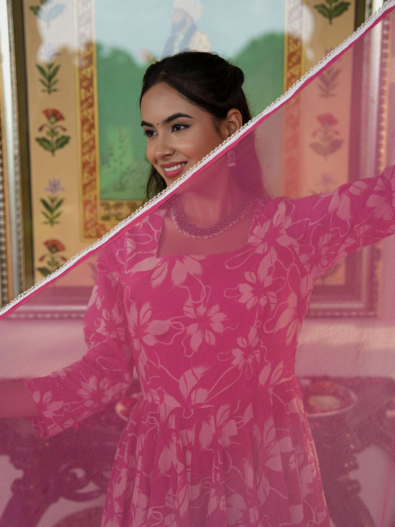 Fresh Pink Floral Printed Anakali Suit Set with Dupatta