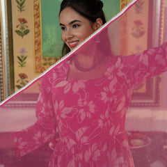 Fresh Pink Floral Printed Anakali Suit Set with Dupatta