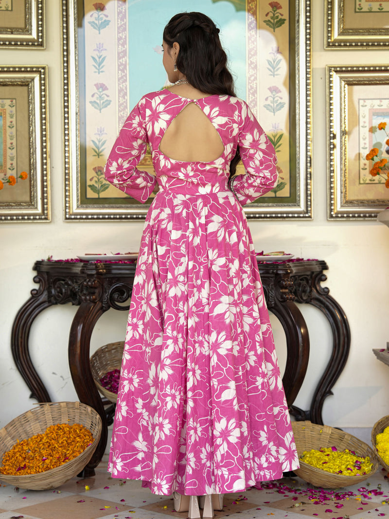 Fresh Pink Floral Printed Anakali Suit Set with Dupatta