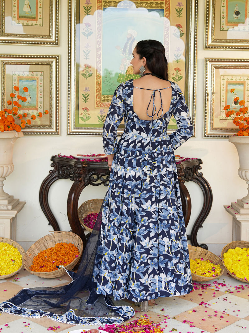 Blue Cherry Color Printed Anakali Suit Set with Dupatta