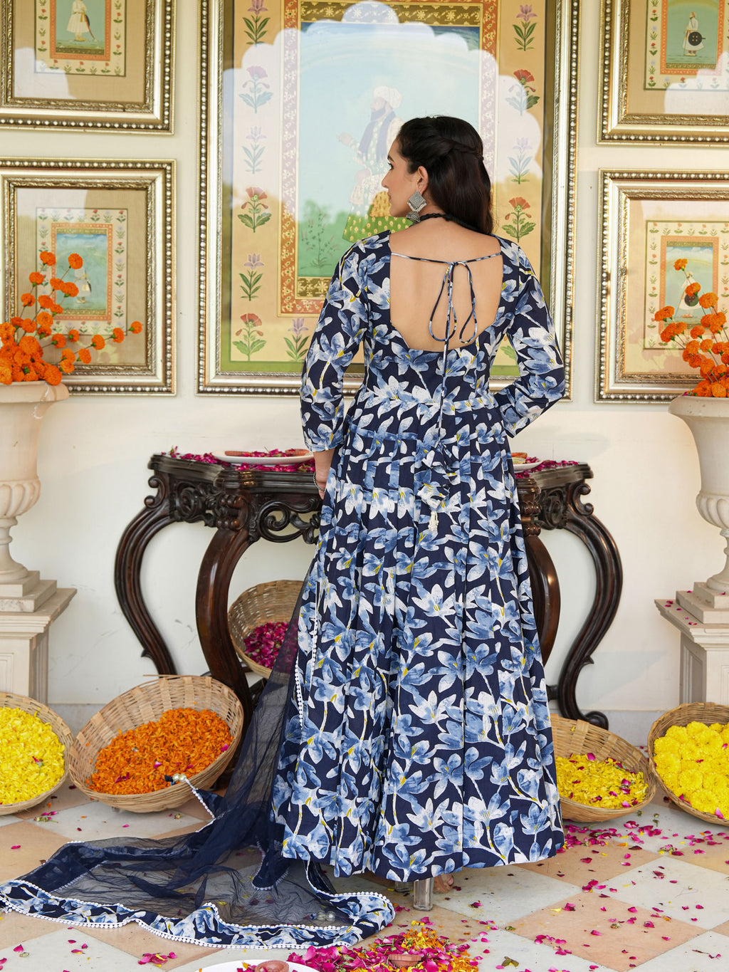 Blue Cherry Color Printed Anakali Suit Set with Dupatta - Indianvirasat