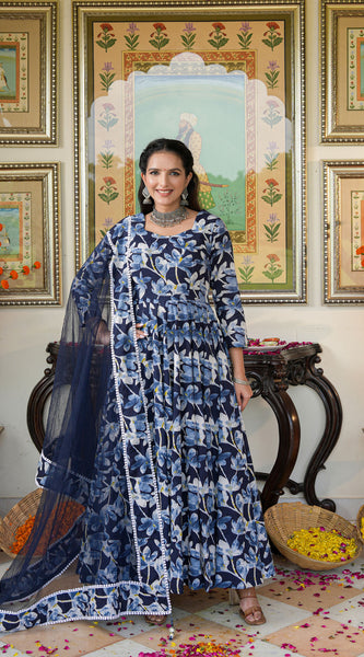 Blue Cherry Color Printed Anakali Suit Set with Dupatta