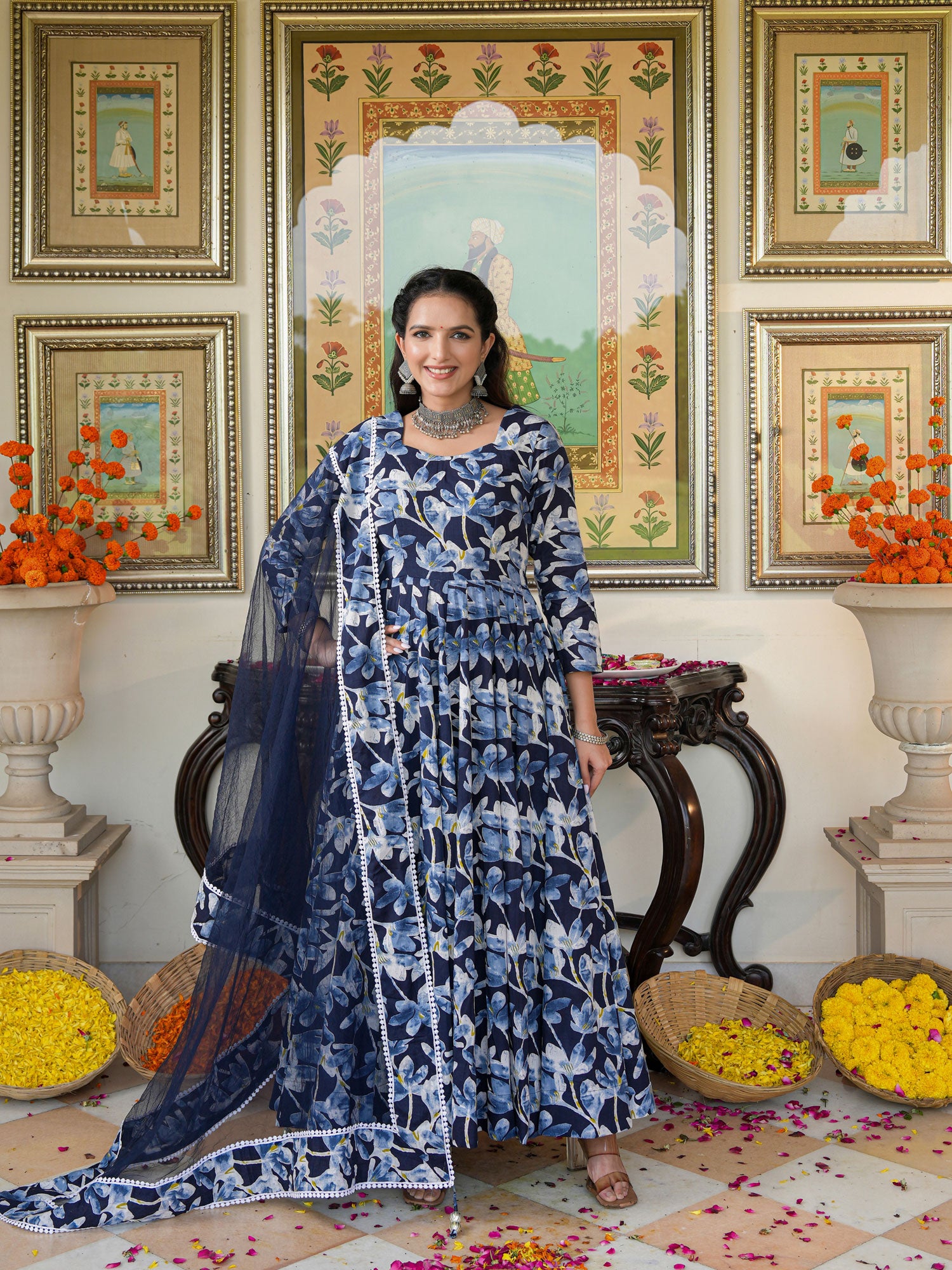 Blue Cherry Color Printed Anakali Suit Set with Dupatta - Indianvirasat