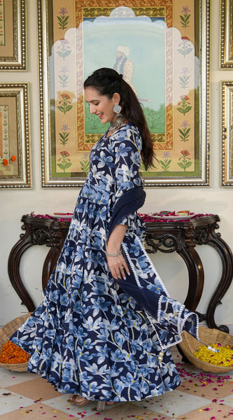 Blue Cherry Color Printed Anakali Suit Set with Dupatta