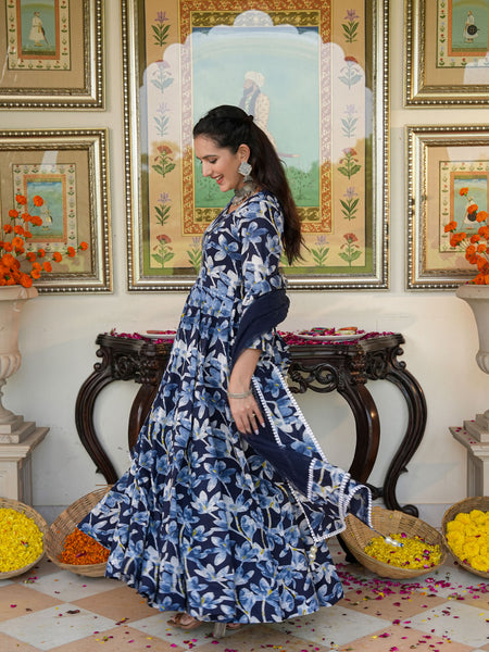 Blue Cherry Color Printed Anakali Suit Set with Dupatta