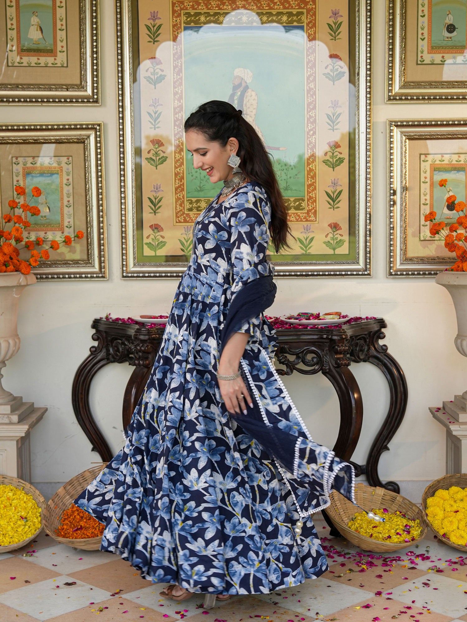 Blue Cherry Color Printed Anakali Suit Set with Dupatta - Indianvirasat