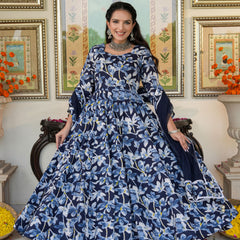 Blue Cherry Color Printed Anakali Suit Set with Dupatta