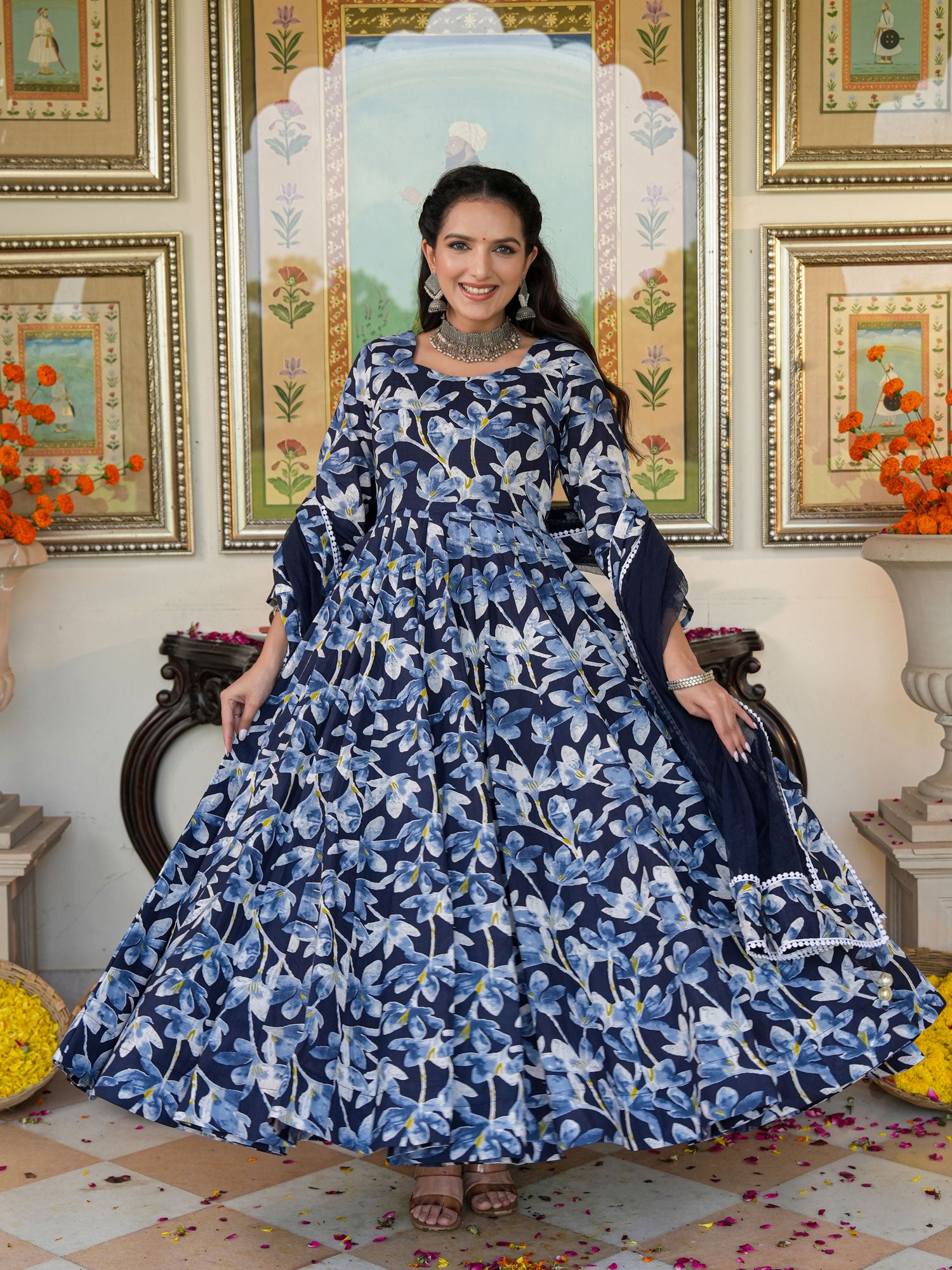 Blue Cherry Color Printed Anakali Suit Set with Dupatta - Indianvirasat