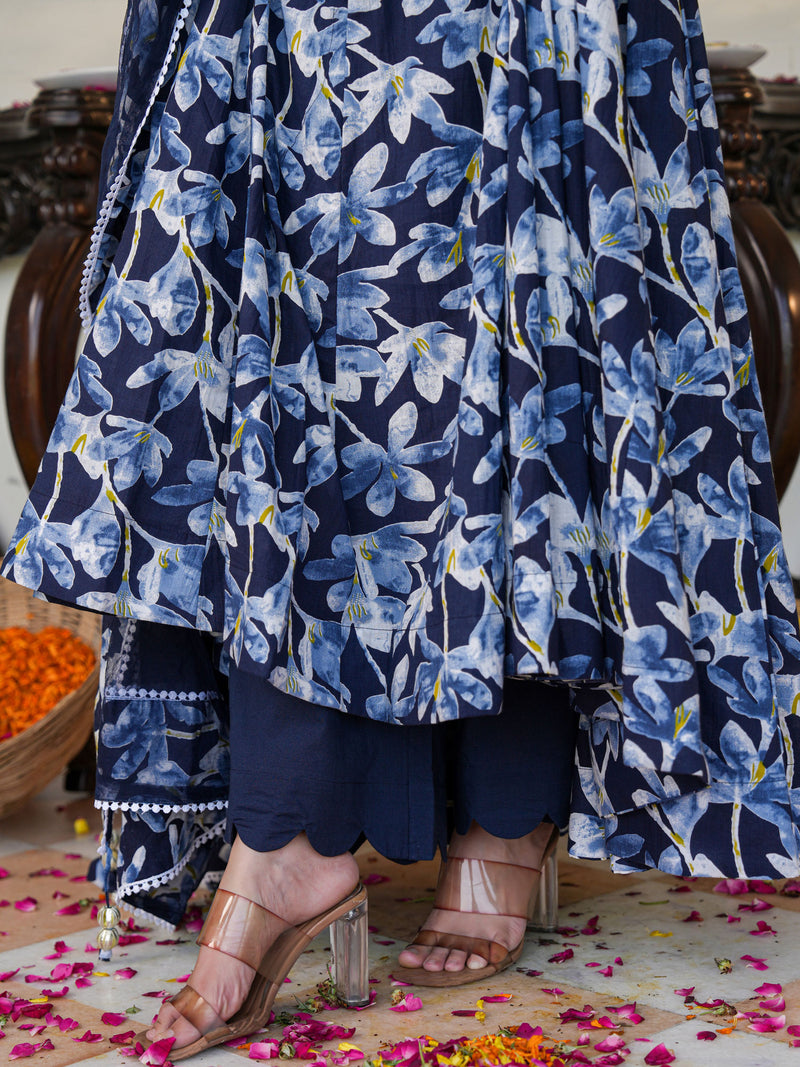 Blue Cherry Color Printed Anakali Suit Set with Dupatta