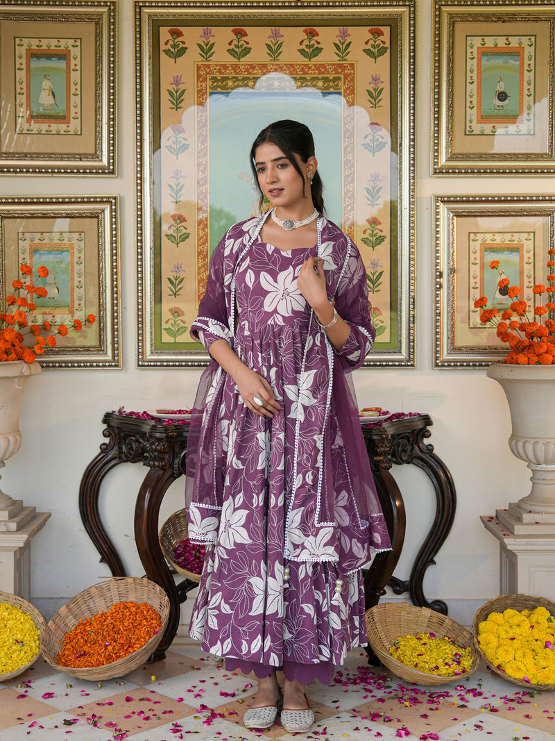 Dreamy Purple Color Printed Anakali Suit Set with Dupatta