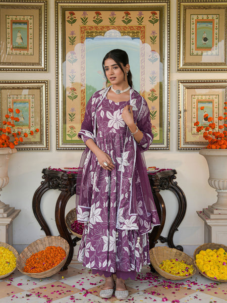 Dreamy Purple Color Printed Anakali Suit Set with Dupatta