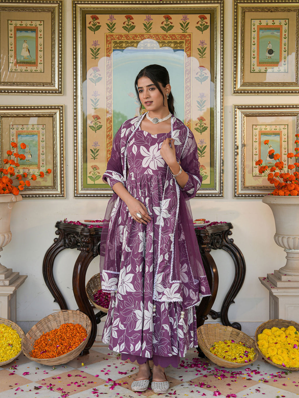 Dreamy Purple Color Printed Anakali Suit Set with Dupatta - Indianvirasat