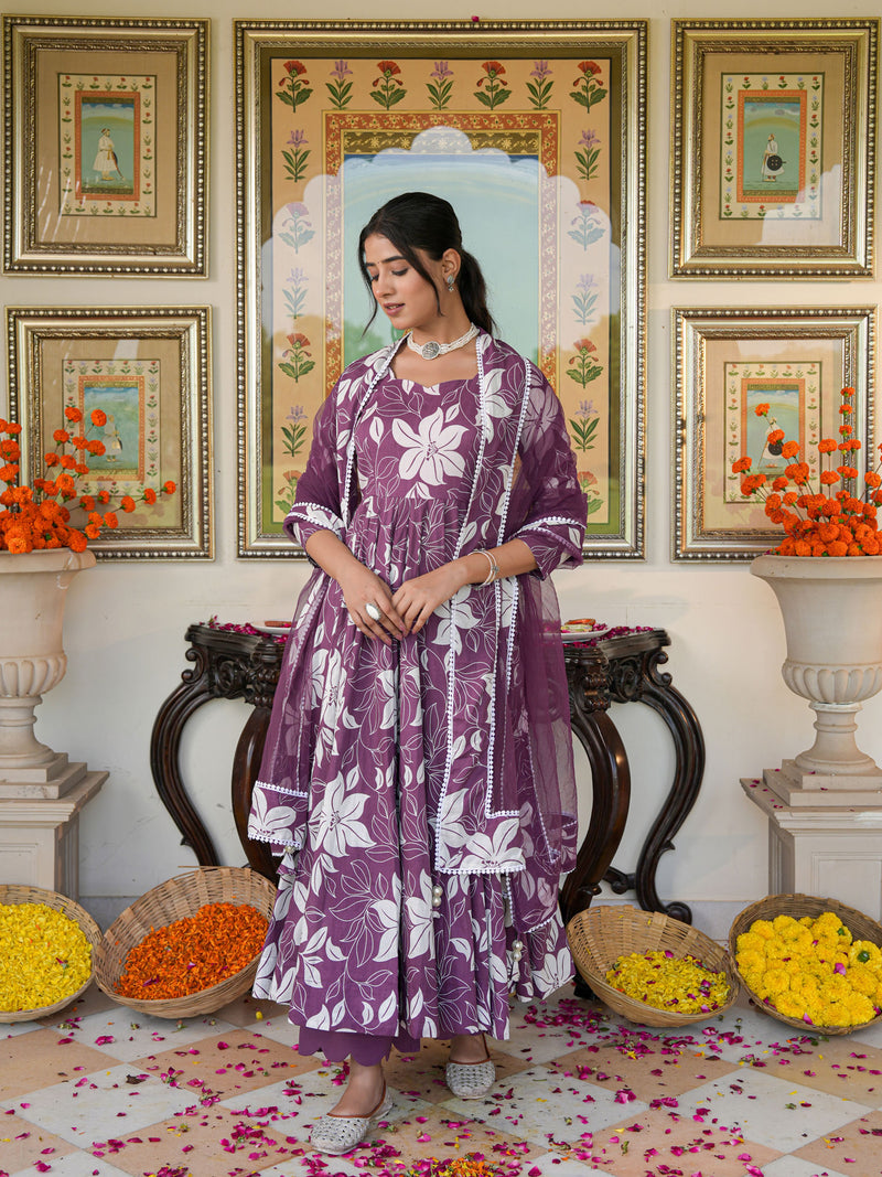 Dreamy Purple Color Printed Anakali Suit Set with Dupatta