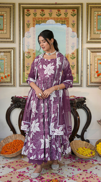 Dreamy Purple Color Printed Anakali Suit Set with Dupatta