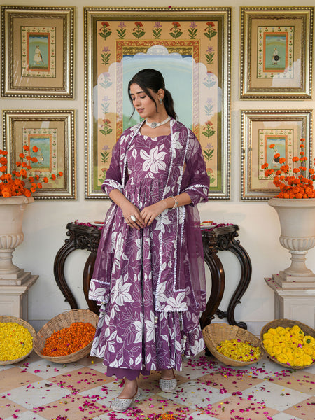 Dreamy Purple Color Printed Anakali Suit Set with Dupatta