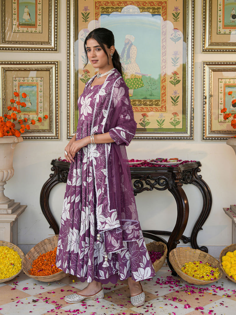 Dreamy Purple Color Printed Anakali Suit Set with Dupatta