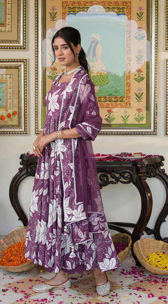 Dreamy Purple Color Printed Anakali Suit Set with Dupatta