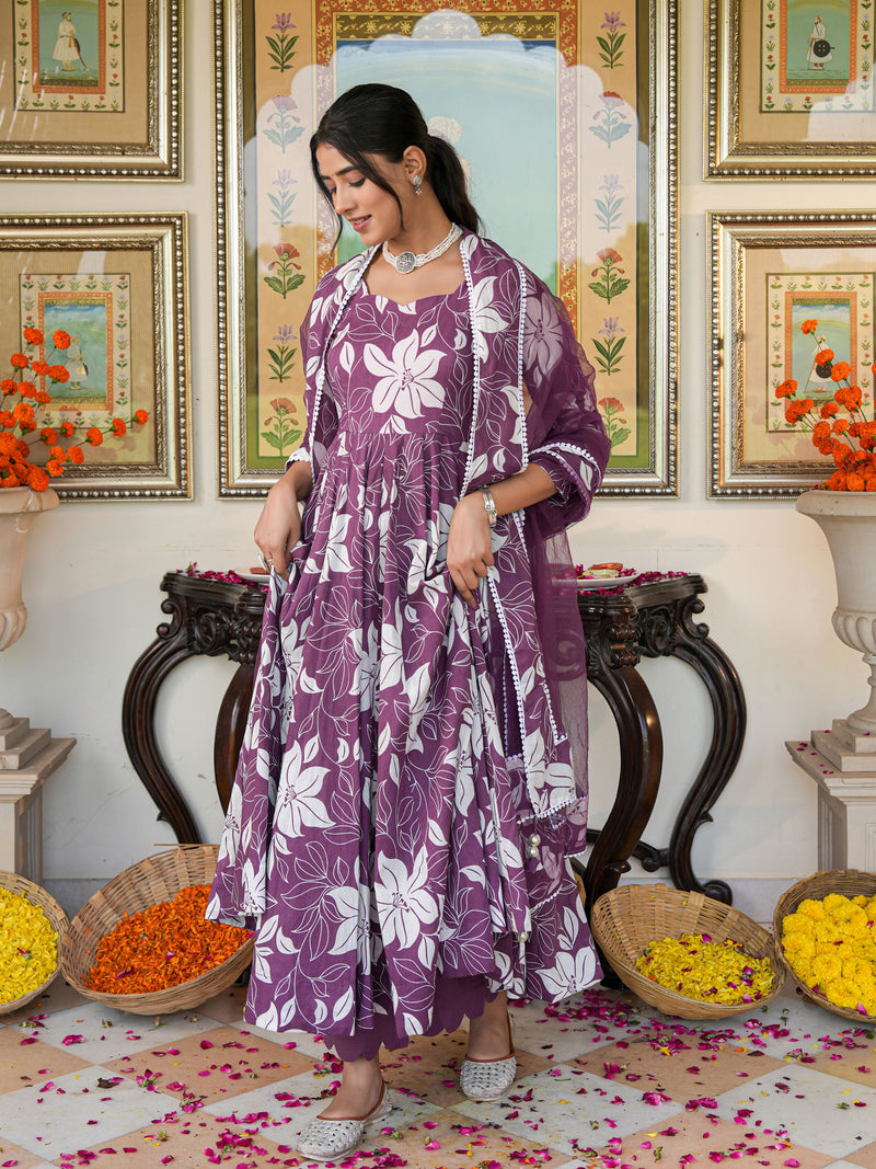 Dreamy Purple Color Printed Anakali Suit Set with Dupatta