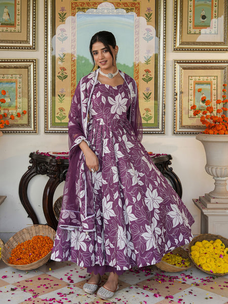 Dreamy Purple Color Printed Anakali Suit Set with Dupatta