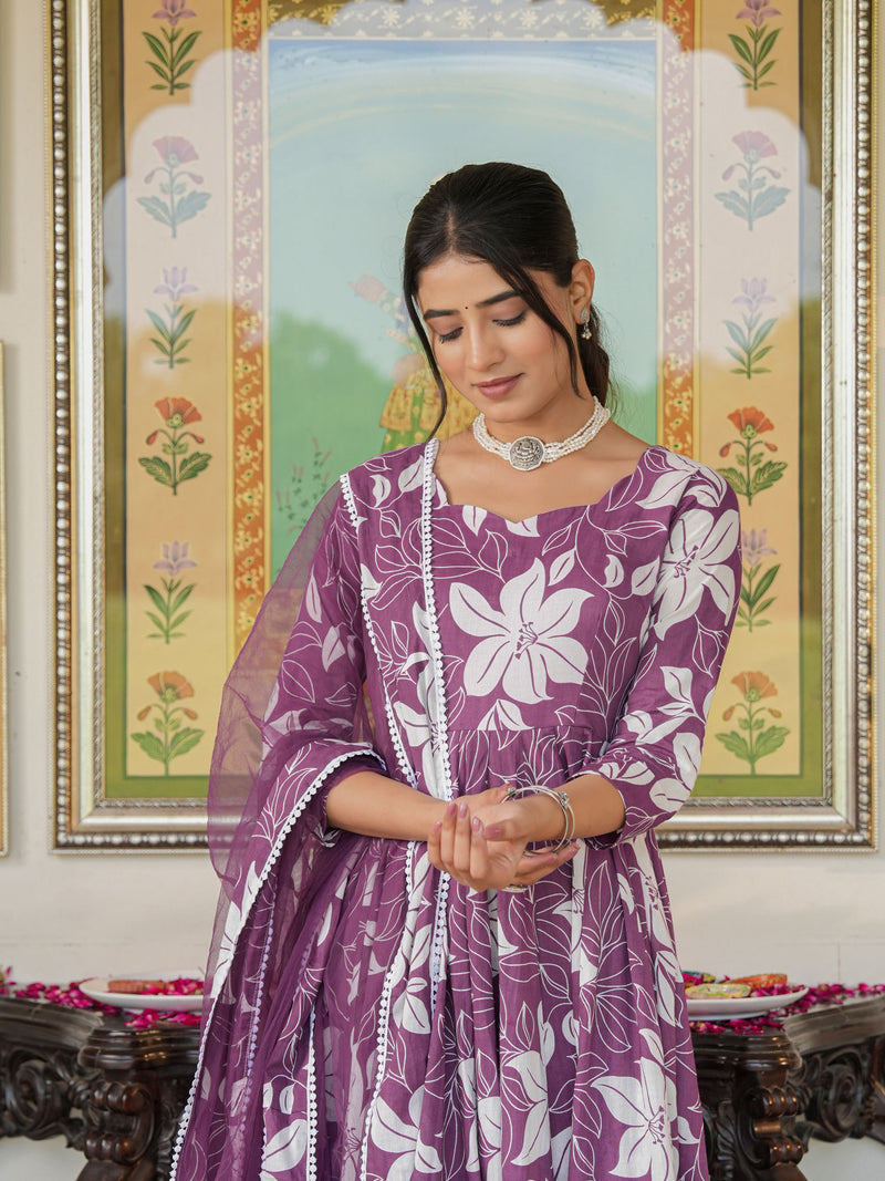 Dreamy Purple Color Printed Anakali Suit Set with Dupatta