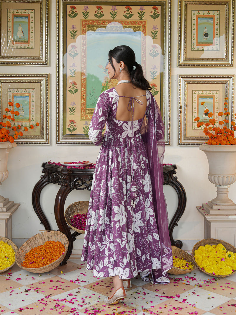 Dreamy Purple Color Printed Anakali Suit Set with Dupatta