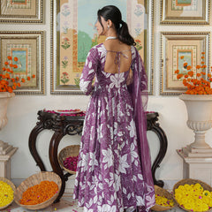 Dreamy Purple Color Printed Anakali Suit Set with Dupatta