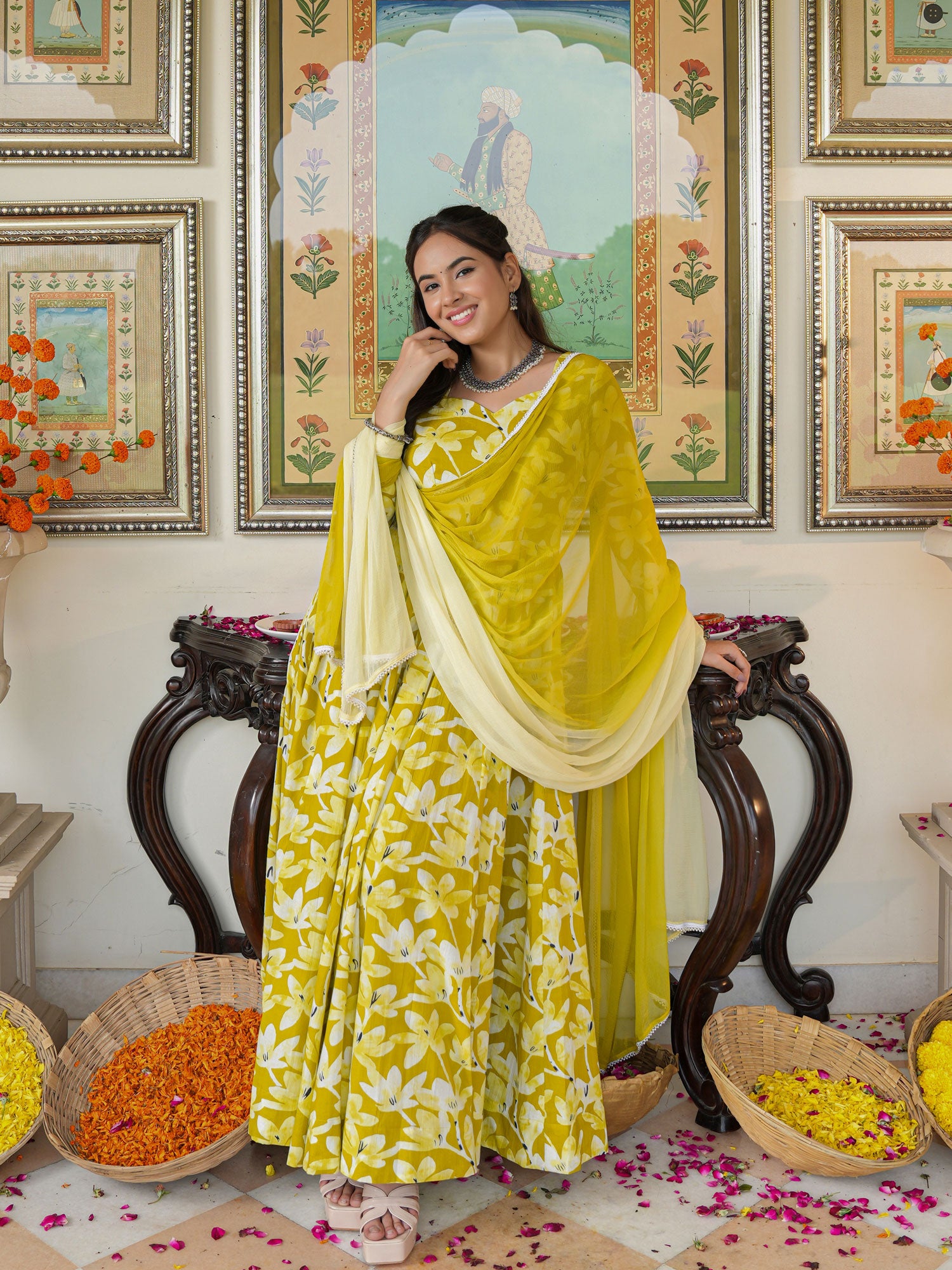 Zesta Mustard Floral Anarkali Suit Set - Indianvirasat