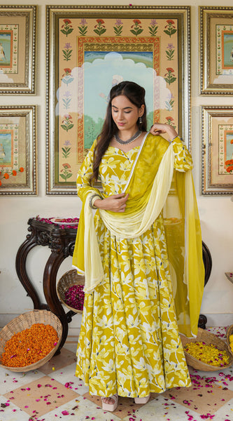 Zesta Mustard Floral Anarkali Suit Set