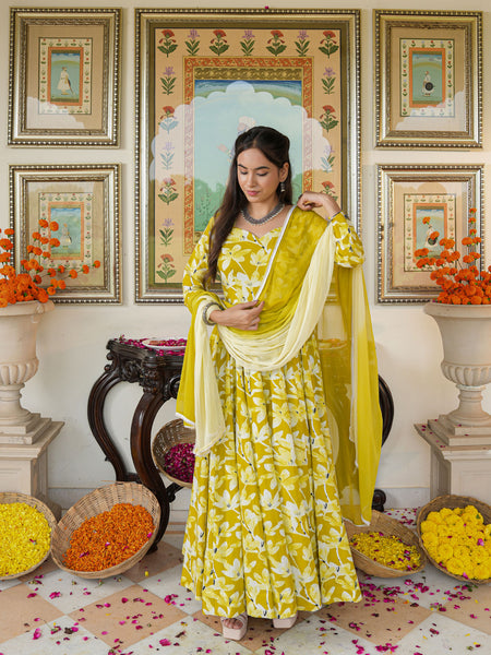 Zesta Mustard Floral Anarkali Suit Set