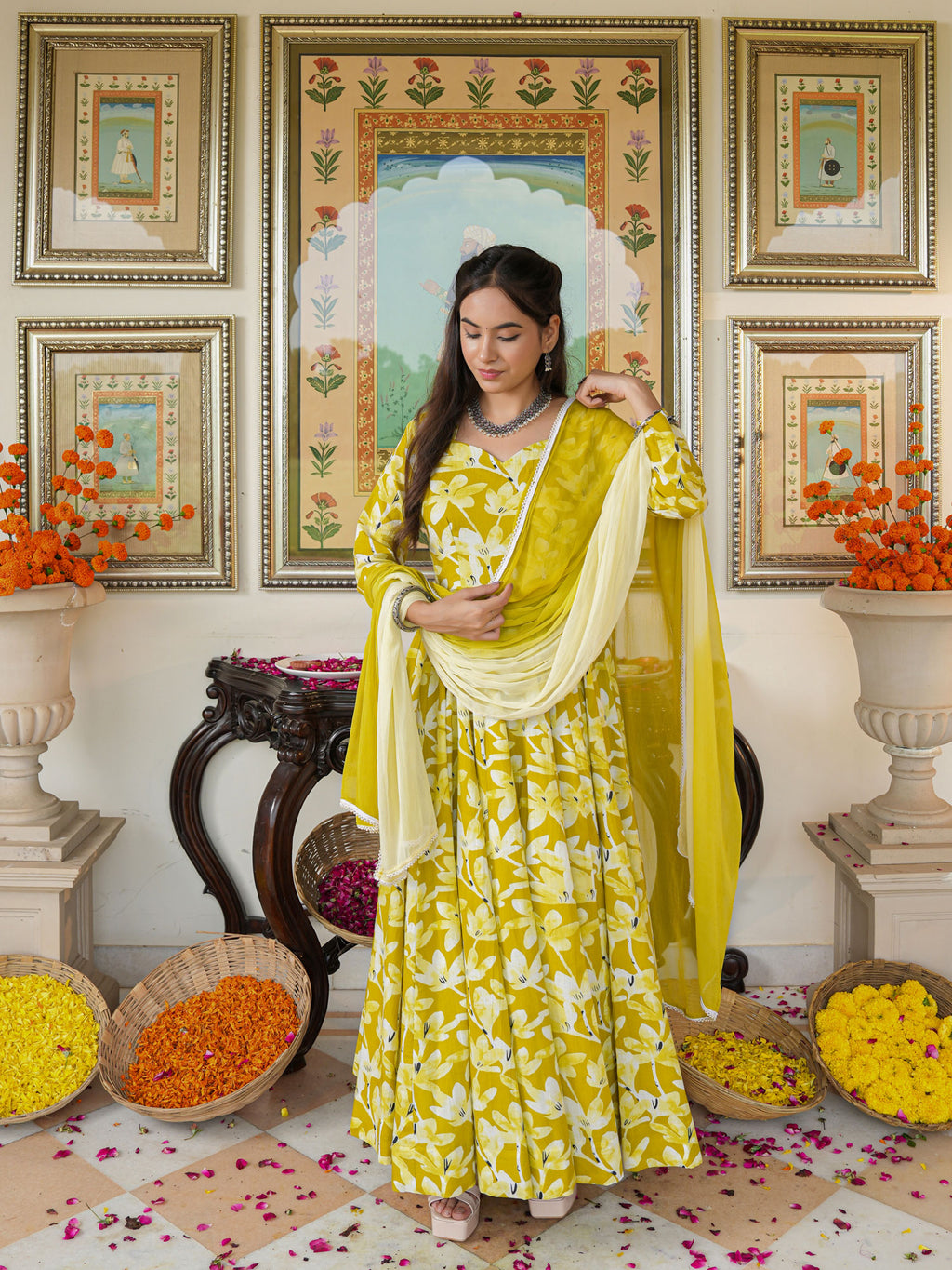 Zesta Mustard Floral Anarkali Suit Set - Indianvirasat