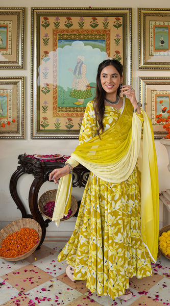 Zesta Mustard Floral Anarkali Suit Set