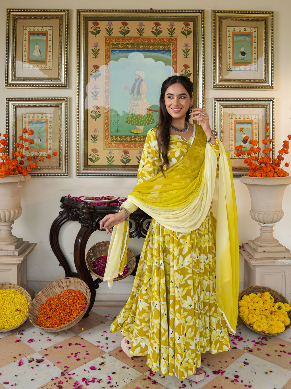 Zesta Mustard Floral Anarkali Suit Set - Indianvirasat