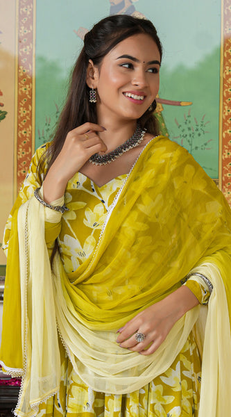 Zesta Mustard Floral Anarkali Suit Set