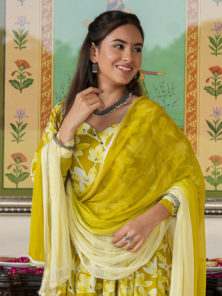 Zesta Mustard Floral Anarkali Suit Set