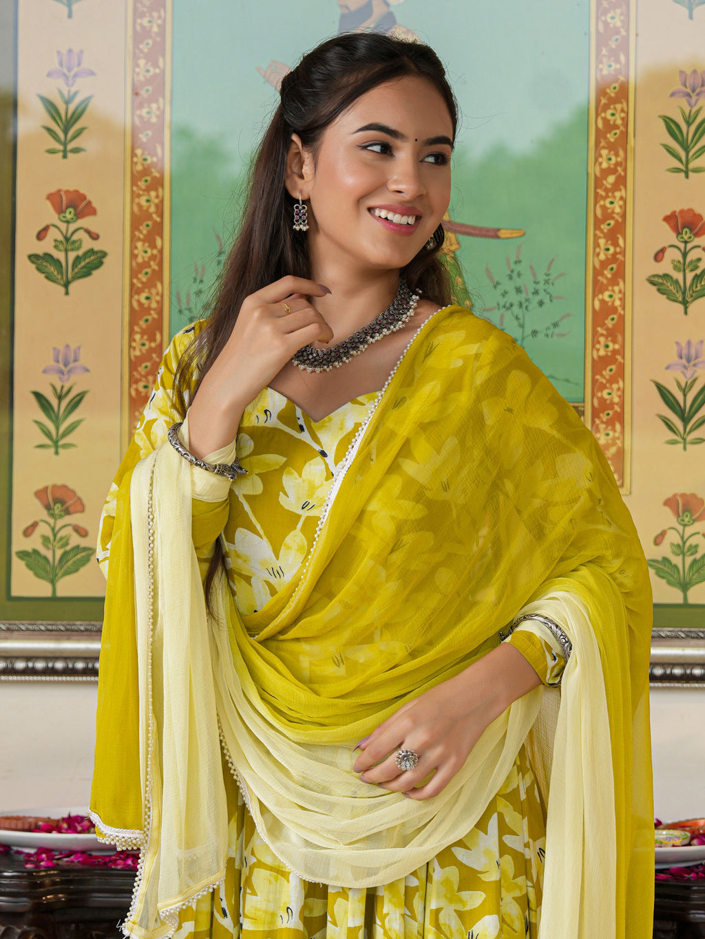 Zesta Mustard Floral Anarkali Suit Set - Indianvirasat