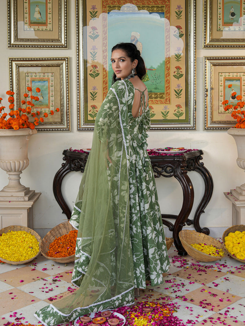 Alluring Green Floral Printed Anakali Suit Set with Dupatta