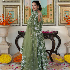 Alluring Green Floral Printed Anakali Suit Set with Dupatta